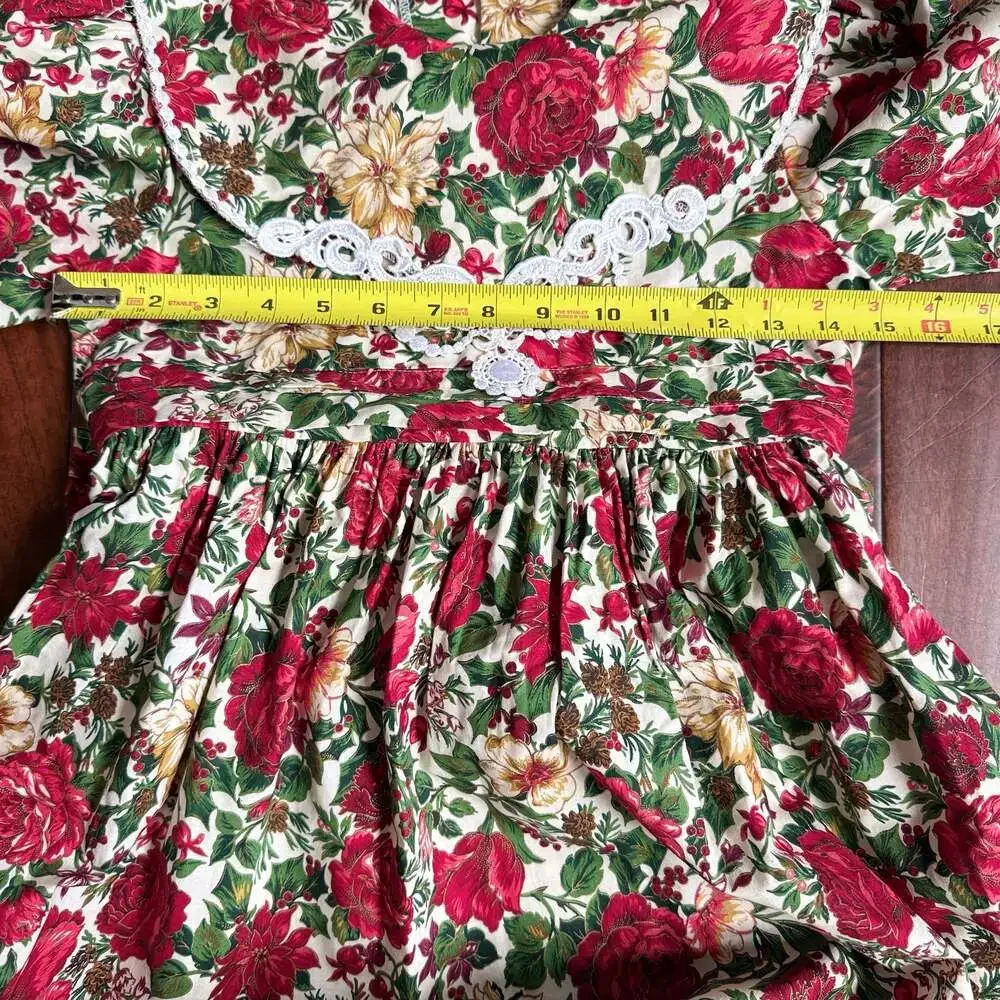 Vintage Bonnie Jean New York Red Floral Holiday Dress With Lace Trim Size 10